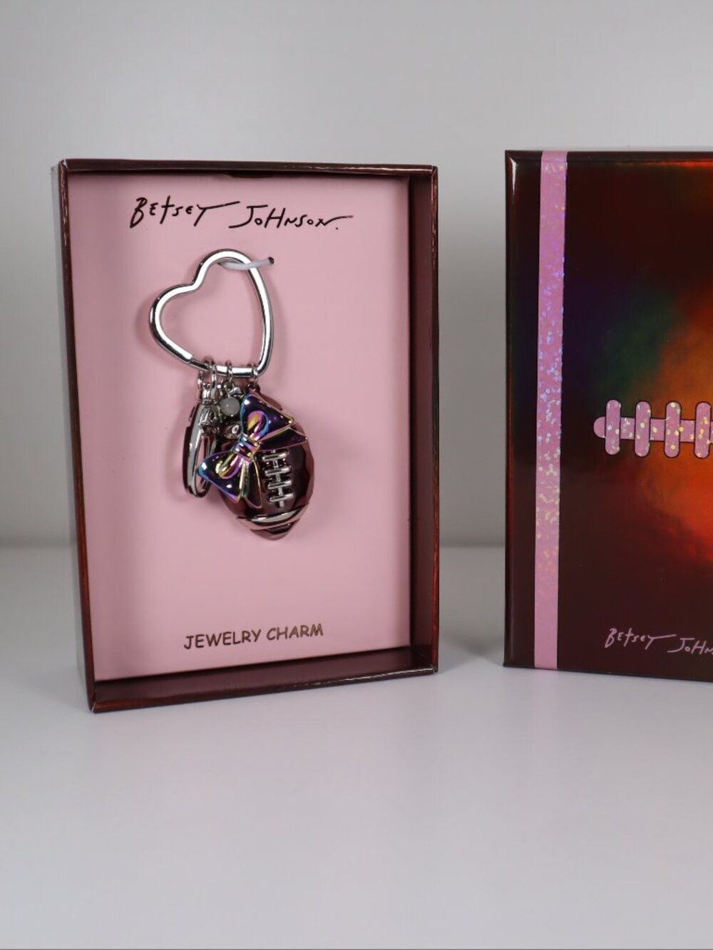 Betsey Johnson Football Heart Iridescent Bow Key Fob Keychain Bag Charm NIB